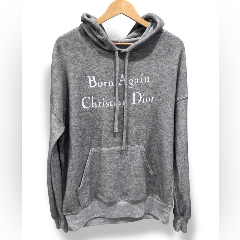 Vintage Men’s Gray Hooded Sweater with White 'Born Again Christian Dior' Print